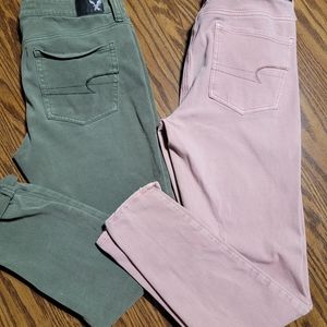 American Eagle super stretch pants. 2 pair olive color and light pink / blush